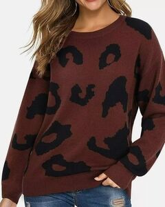 Laishen Brown and Black Leopard Print Crewneck Sweater Size L